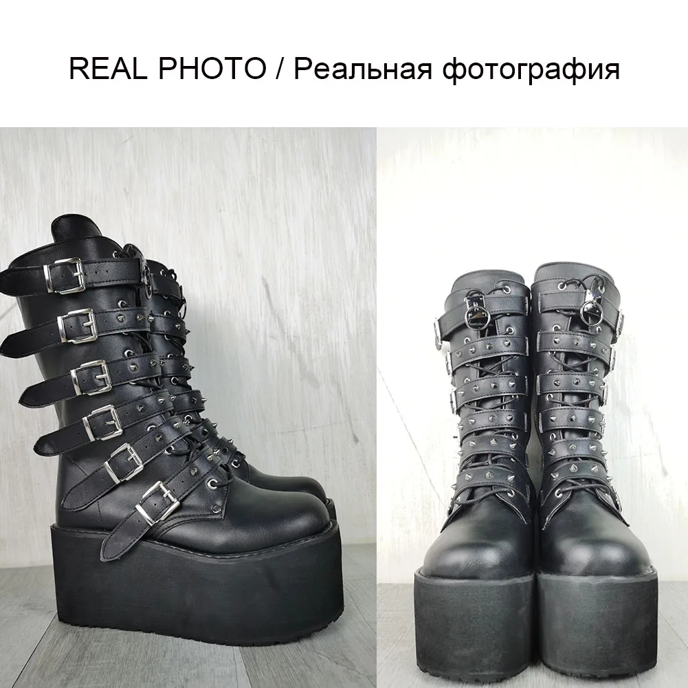 DORATASIA INS Brand Punk Gothic Zipper Buckle Rivit Thick Heel Platform women's Boots Cool Cosplay Women Motorcycle | Обувь