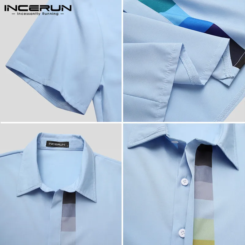 

INCERUN Men Shirts Man Colorful Stitching Business Dress Shirts Button Blouse Patchwork Short Sleeve Lapel Neck Camisa Plus Size