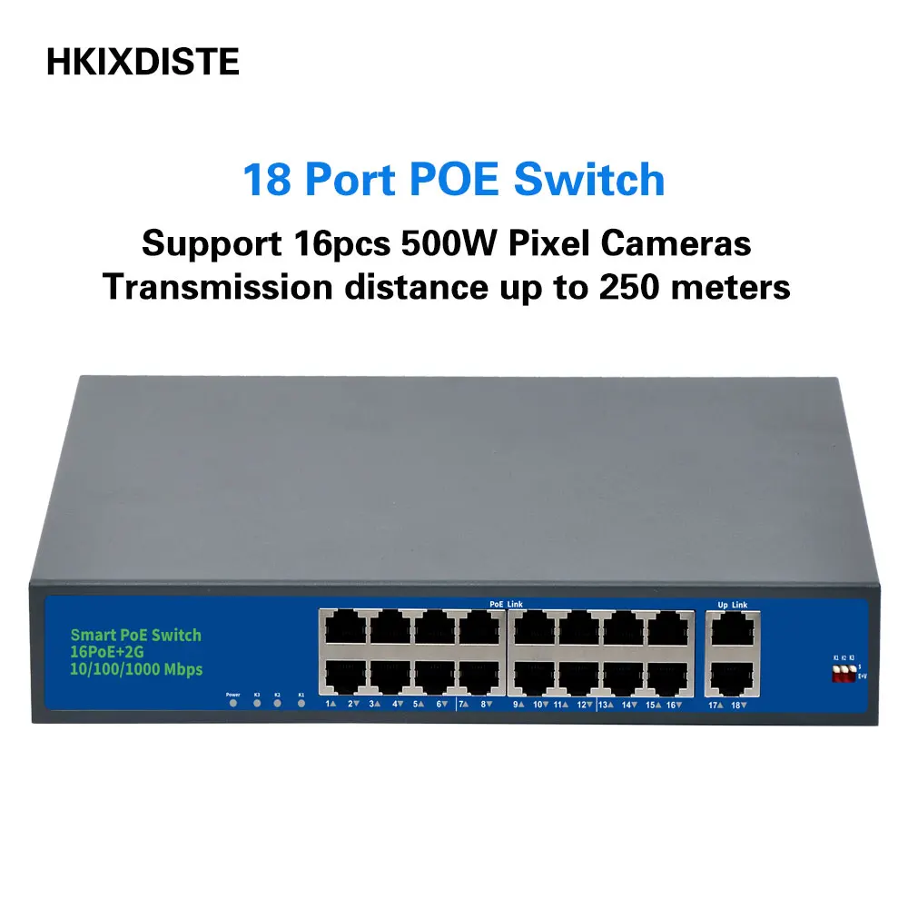 

16 Port POE Ethernet Network Switch+2 Port Gigabit Uplink Fast Switch with Metal Shell For CCTV IP Monitoring Camera Power 250M