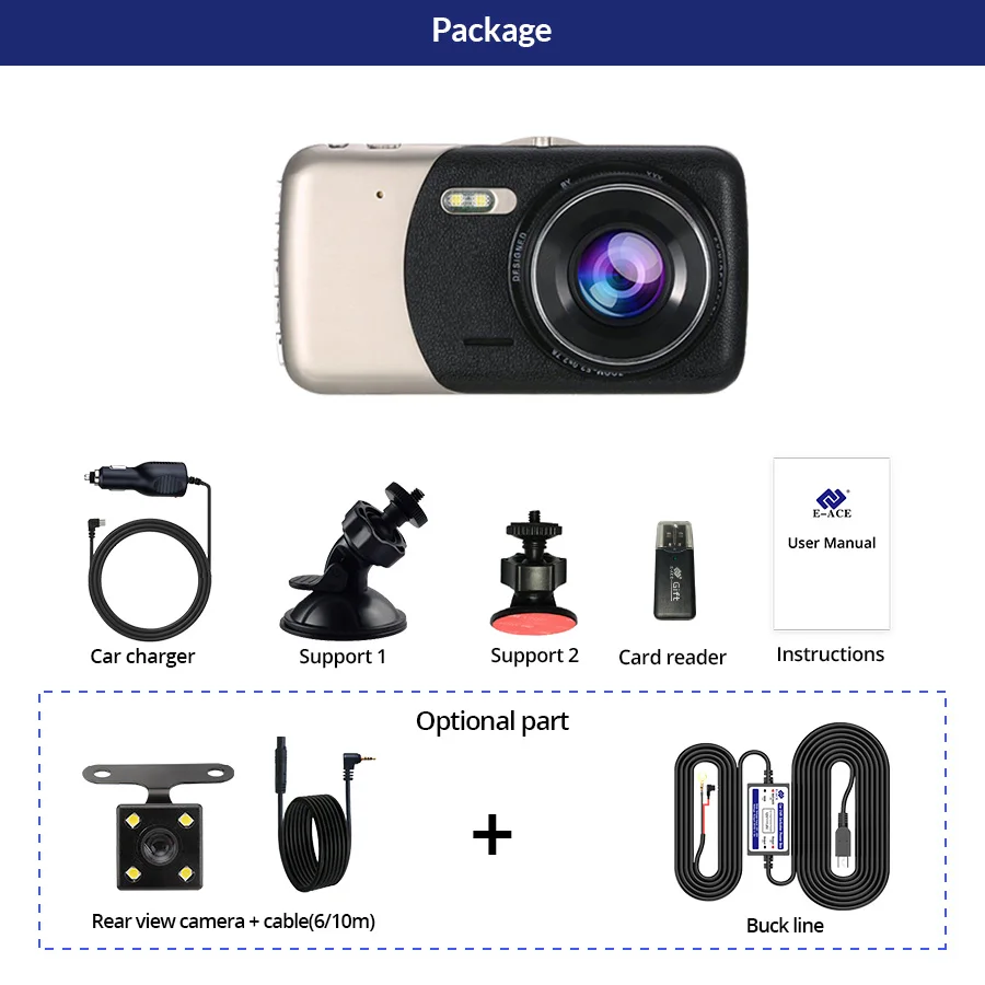 E-ACE B07 FHD 1080P Dashcam 4 0 дюймов ips Автомобильный видеорегистратор двойной объектив