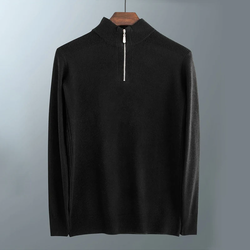 Зима мужской теплый шерстяной свитер бизнес мода Slim Fit Толстая водолазка свитер на молнии мужской бренд пуловер Одежда - Цвет: Черный