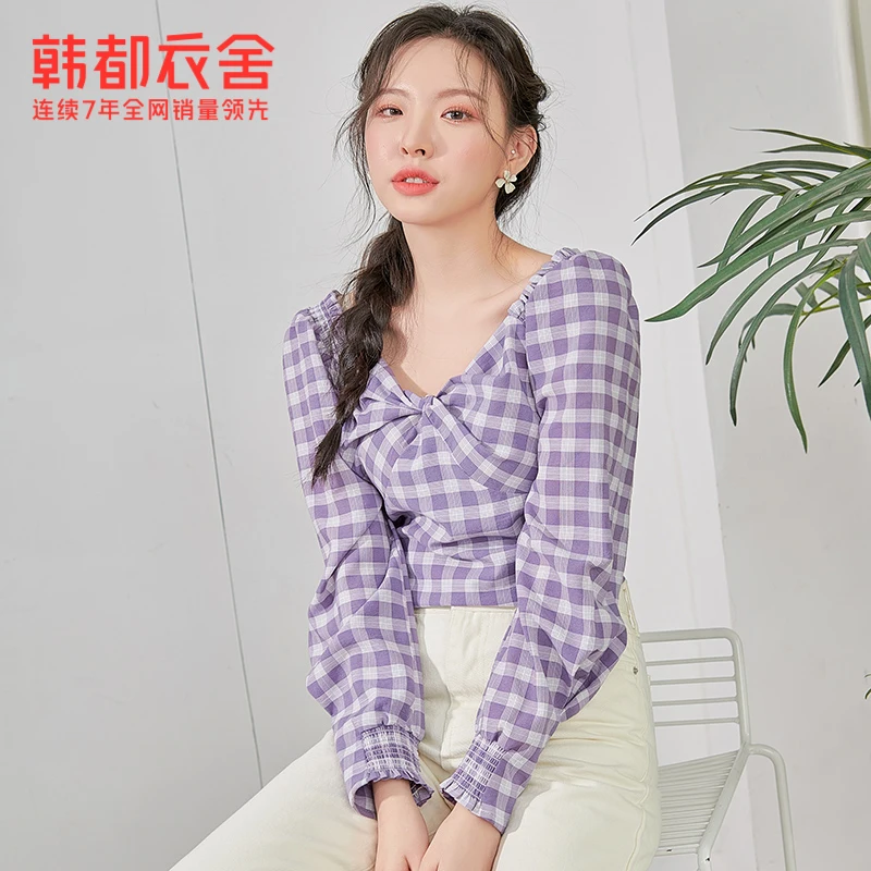 

Korean Style Plaid Shirt for Women 2021 Spring New French Style Puff Sleeve Square Collar Short Top for Women Jz15003