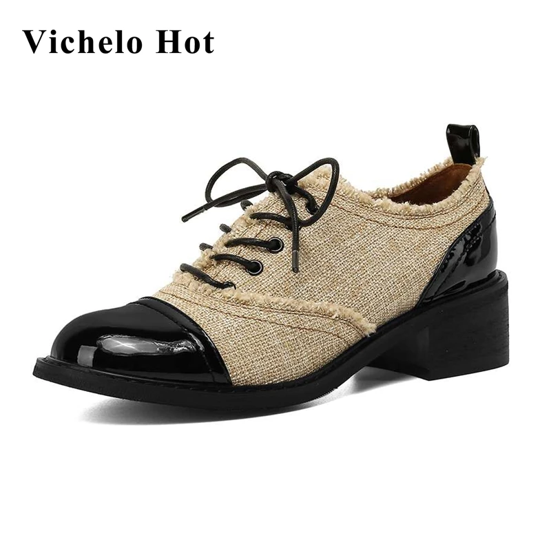 

Vichelo Hot 2021 spring England style patchwork round toe med heel leisure shoes young lady streetwear lace up women pumps L06