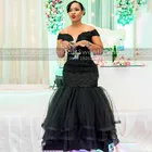 Черное Тюлевое вечернее платье с аппликацией, блестящее женское длинное Пышное Платье-Русалка с открытыми плечами и блестками, официальное вечернее платье