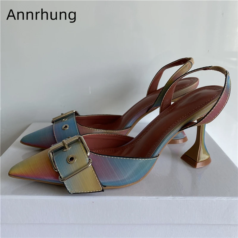 

Size 37 40 Goblet Heel Sandals Women Sexy Point Toe Buckle Belt Iridescent Back Strap High Heel Party Shoes Woman