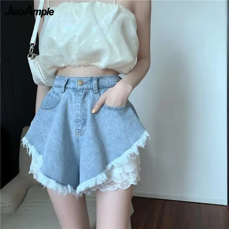 

Women's Denim Shorts 2021 New Ruffled High Waist Sexy Jeans Summer Fashion White Lace Leggings Girl Plus Size Casual Pants Suit