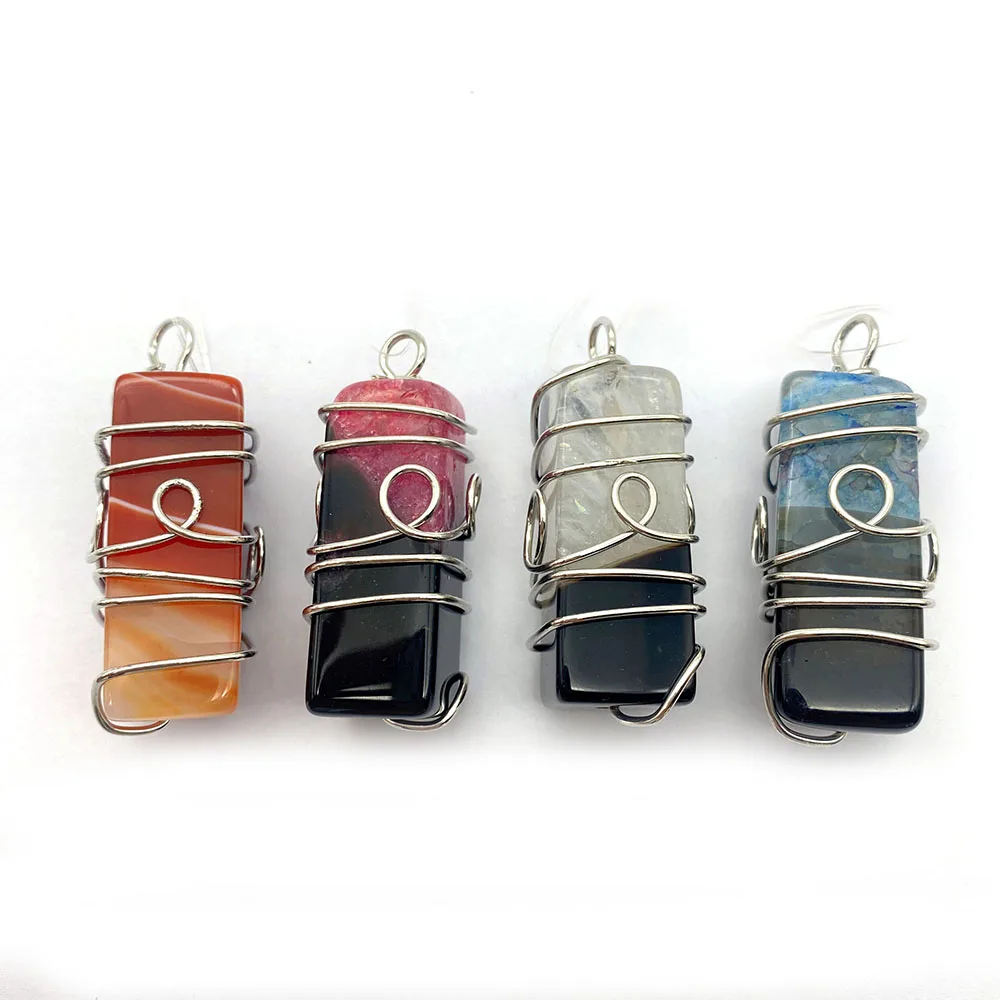 

1pcs Natural Stone Agate Pendant Rectangular Multicolor Hand-wrapped Jewelry Accessories DIY Handmade Necklace Bracelet Charm