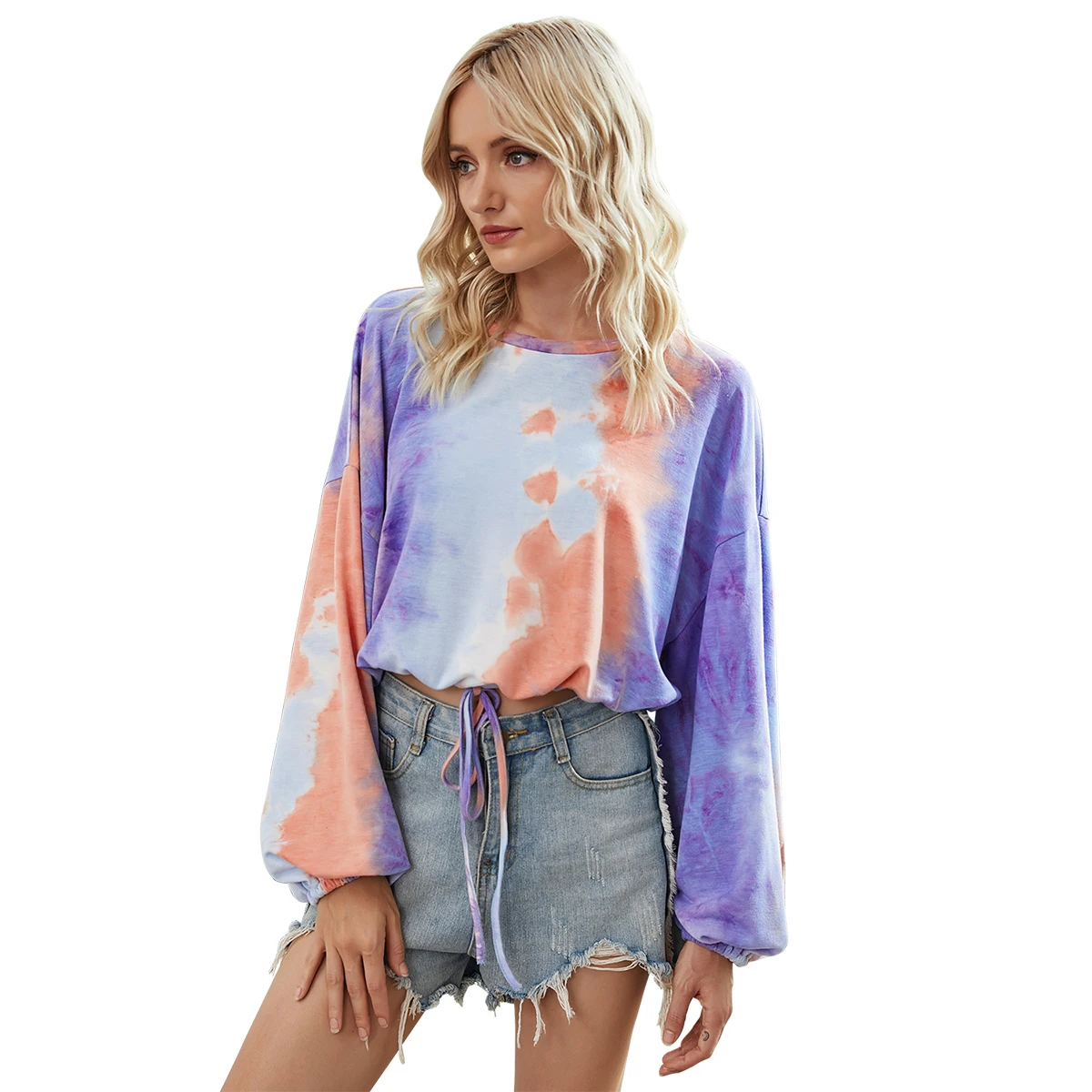

New 2020 Summer Sexy Tie Dye Print long Sleeve T Shirt O-neck Gradient Color Tee Shirt Women Streetwear
