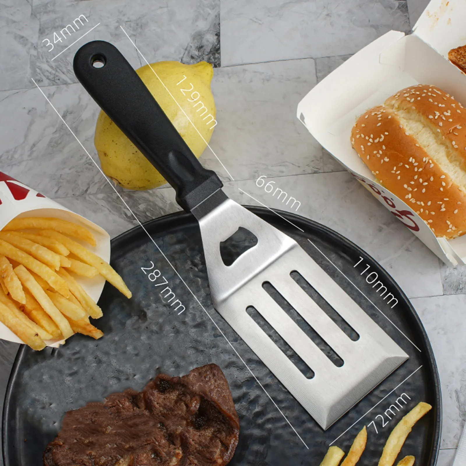 

Stainless steel turning tool multi-function slotted handle rider bottle opener baking turning barbecue tool suitable for kitchen