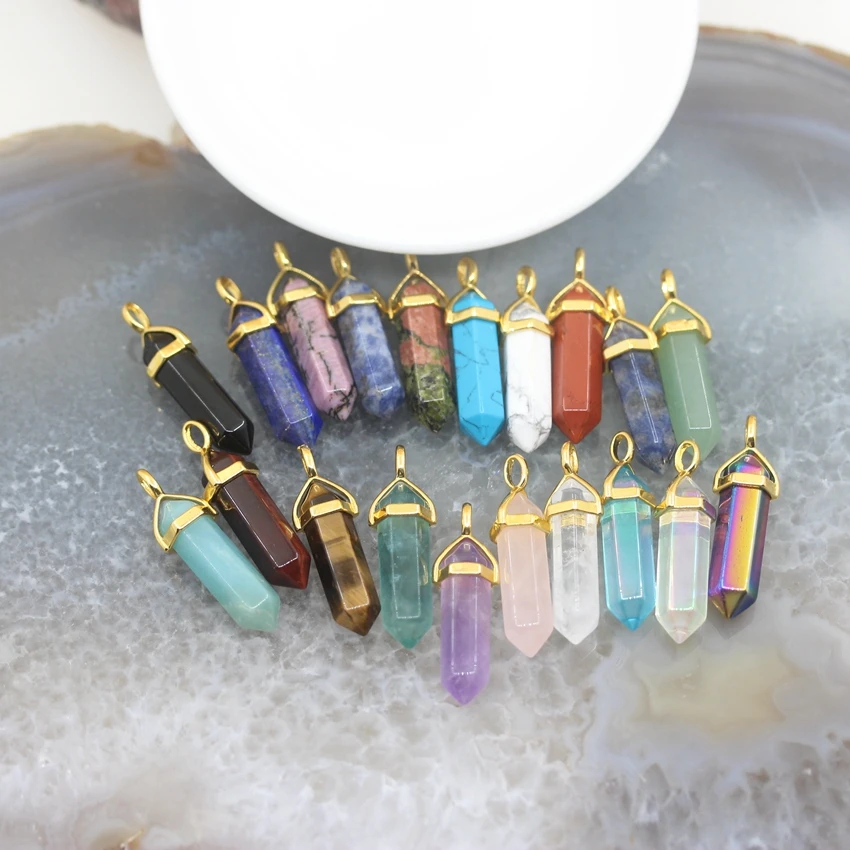 10 штук золотых карабинов Healing Crystal Reiki Chakra Hexagonal Point Pendants Natural Stone Fluorite Bullet Charms Necklaces.