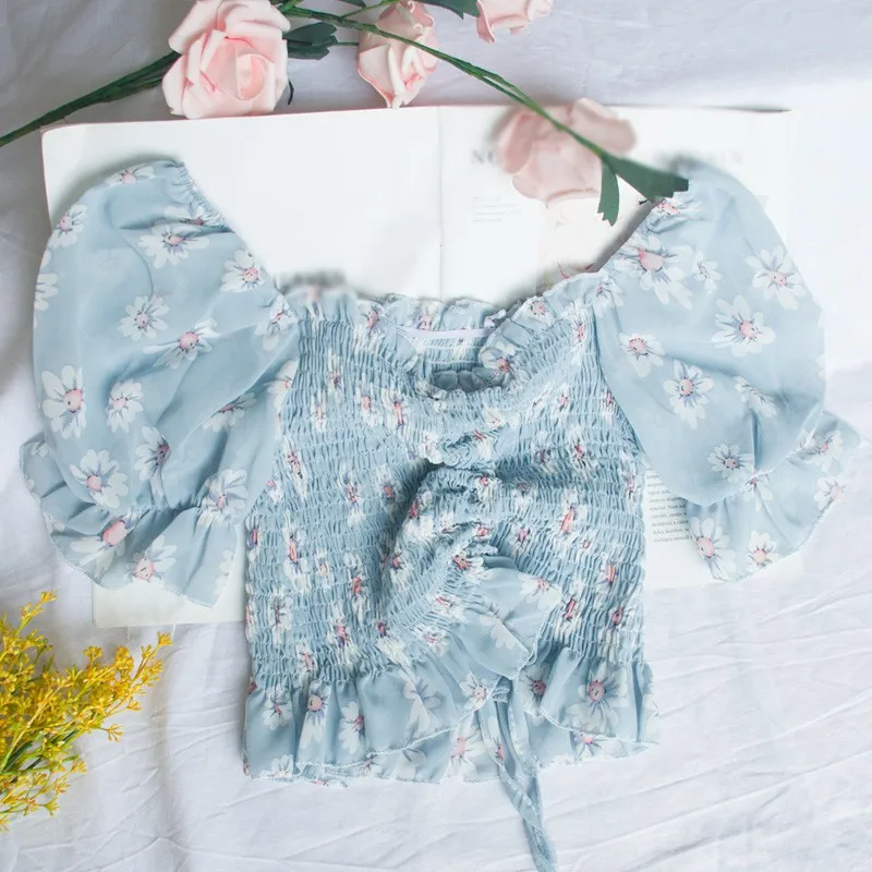 

Sexy Sweet Floral Printed Women's Slash Neck Blouses Pleated Short Sleeve Female Chiffon Shirts Cozy Blusas Top Femme Ropa Mujer