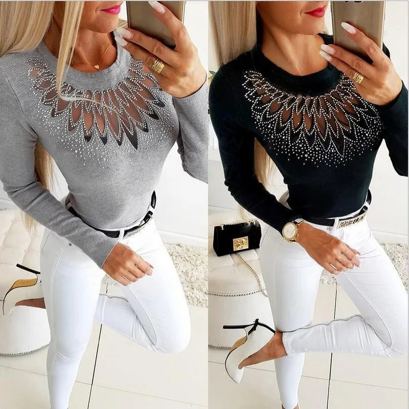 

2020 Women Long Sleeve T-Shirts Patchwork Design Lace Diamond Decor See Through O-Neck Solid Top Elegant Lady Autumn Slim Shirts