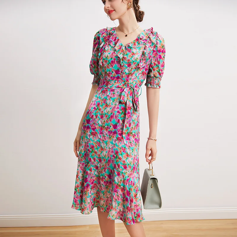 

Mulberry Silk Dress Summer Waist Elegant Ruffled Print Coffee Break French Skirt