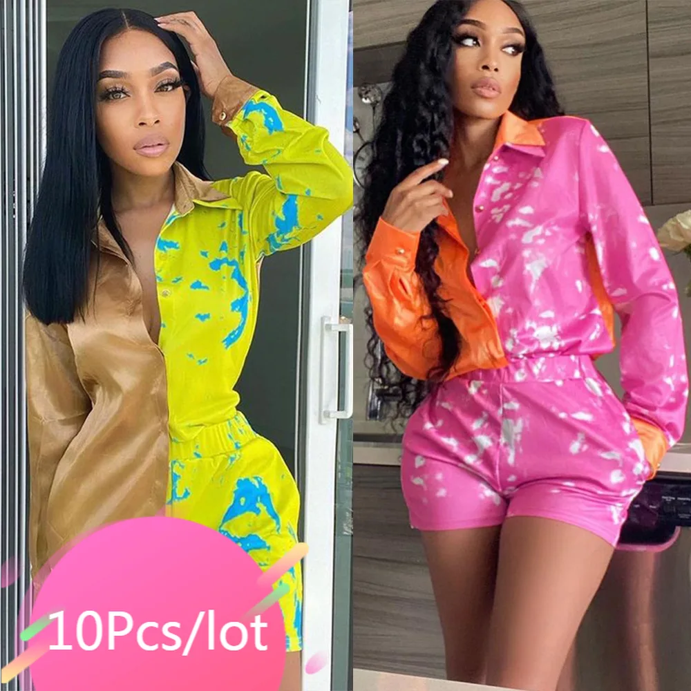 

Bulk Wholesale Items Tie Dye Two Piece Set Women Button Up Top and Short Sets Shorts 2021 Summer Suit Patchwork Matching Set