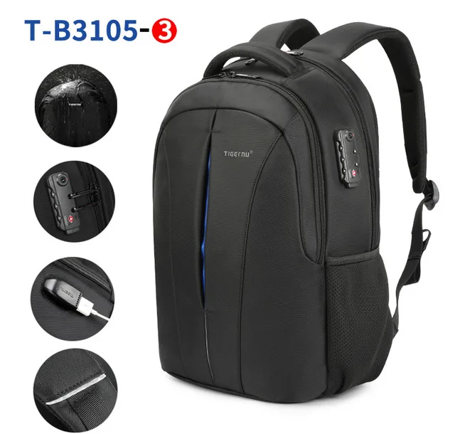 Black Blue TSA Lock Tigernu USB Классический Стиль Мужчины Рюкзак Студент Рюкзак Сумки Водонепроницаемый 15." Ноутбук Рюкзак Мужчины Рюкзак Mochila Мешок - Цвет: Black Blue TSA Lock