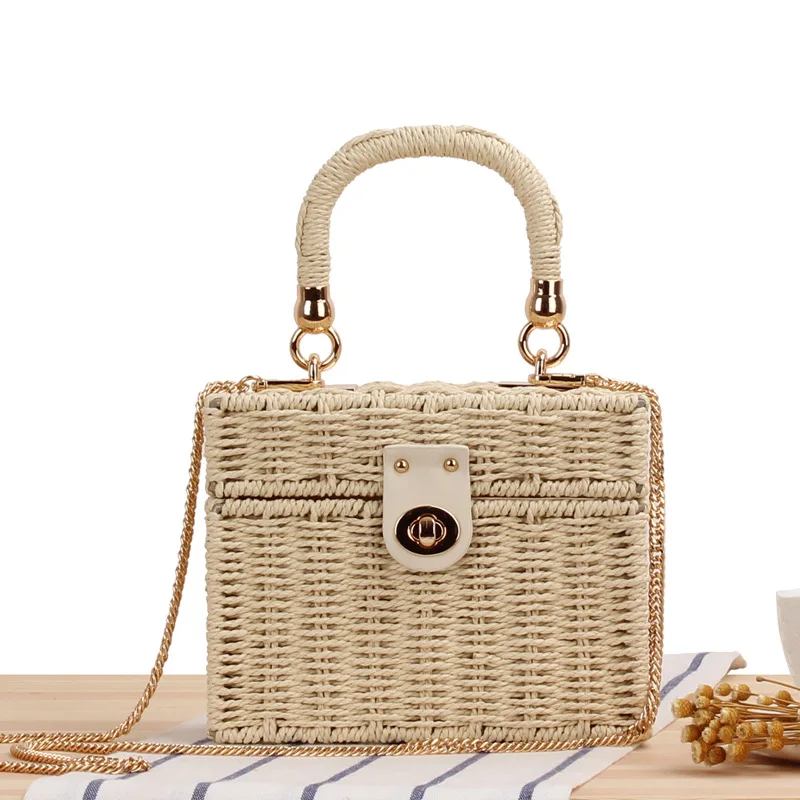 

Casual Solid Straw Woven Women Shoulder Bag Designer Box Shape Handmade Women Handbags Chain Straw Crossbody Bags For Women 2021