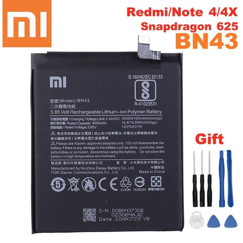 100% Оригинальный аккумулятор BN43 4000 мАч для Xiaomi Redmi Note 4X / 4 global Snapdragon 625