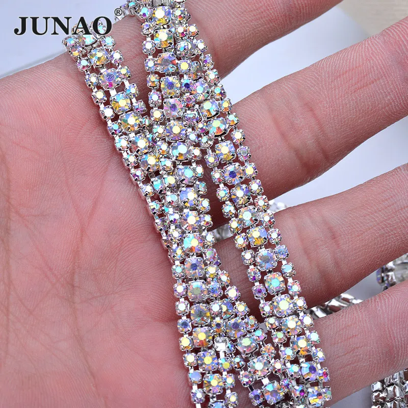 JUNAO 1 ярд SS8 + SS16 Кристалл AB стекло стразы цепь чашки пришить на металлической