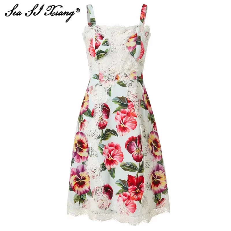 Seasixiang летние каникулы курорт платье для женщин с цветочным принтом Кружевное в
