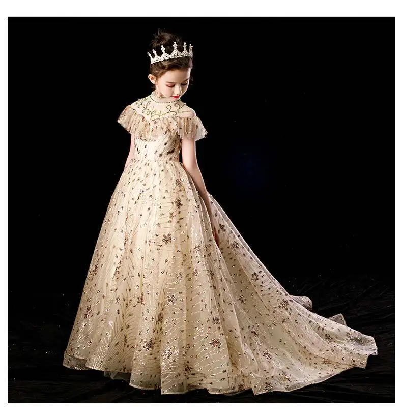 

Платье с длинным шлейфом и золотыми блестками для девочек-подростков, вечернее праздничное платье на день рождения