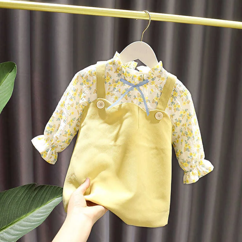 

Платье для маленьких девочек, Новинка осени 2021, Модное детское платье принцессы на бретельках, с цветочным бантом и длинными рукавами, Vestidos ...