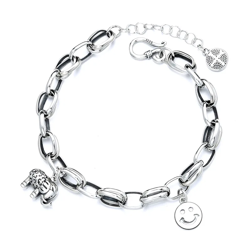 

Elephant Smiley Face Thick BraceletPure Silver Vintage Siver Bracelets For Men Woman Charm Link Chain Male Gothic Jewelry