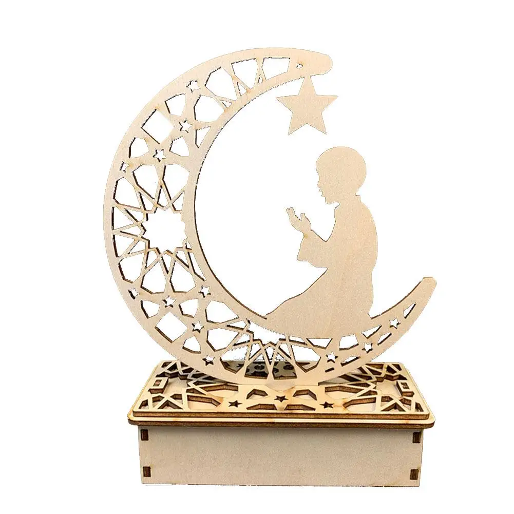 

Wooden Ramadan Eid Mubarak Moon Star Islam Pendant Plate With LED Lights Ornament For Festival Celebration Home Decoration