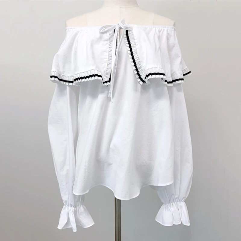 

ZAWAHIKI Korean Vintage Women Shirt Sexy Slash Neck Heavy Ruffles Drawstring Design Loose Lantern Long Sleeve Tops Solid Blouse