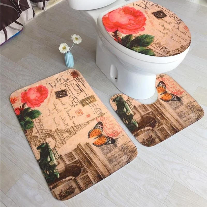 

Butterfly Bathroom Mat Set Flannel Anti Slip Toilet Cover Floor Square U Shape Bath Mats For Bathroom 3pcs Home Decoration