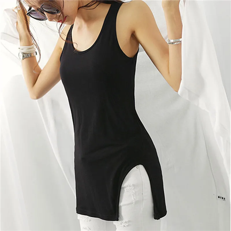 

Summer Tank Top Women Sleeveless Side Split Long Vest Ladies White / Black Casual Shirt Women Tops