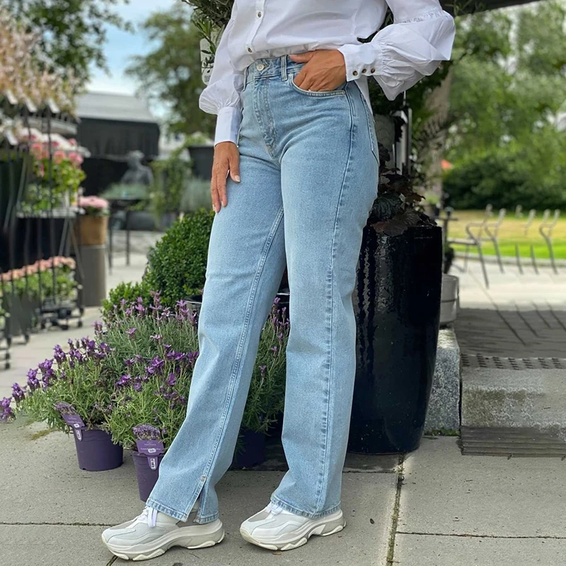 

Rowling Chic Letter High Waist loose straight Split Jeans Woman Button Cotton Retro Long Wide Leg Pants Casual Vintage Trousers