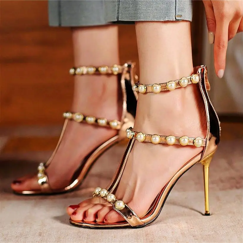 

Sexy Women's Patent Leather Gladiator Sandals Stiletto High Heels Pearls Strappy Open Toe Party Pumps Wedding Shoes 33 34-46