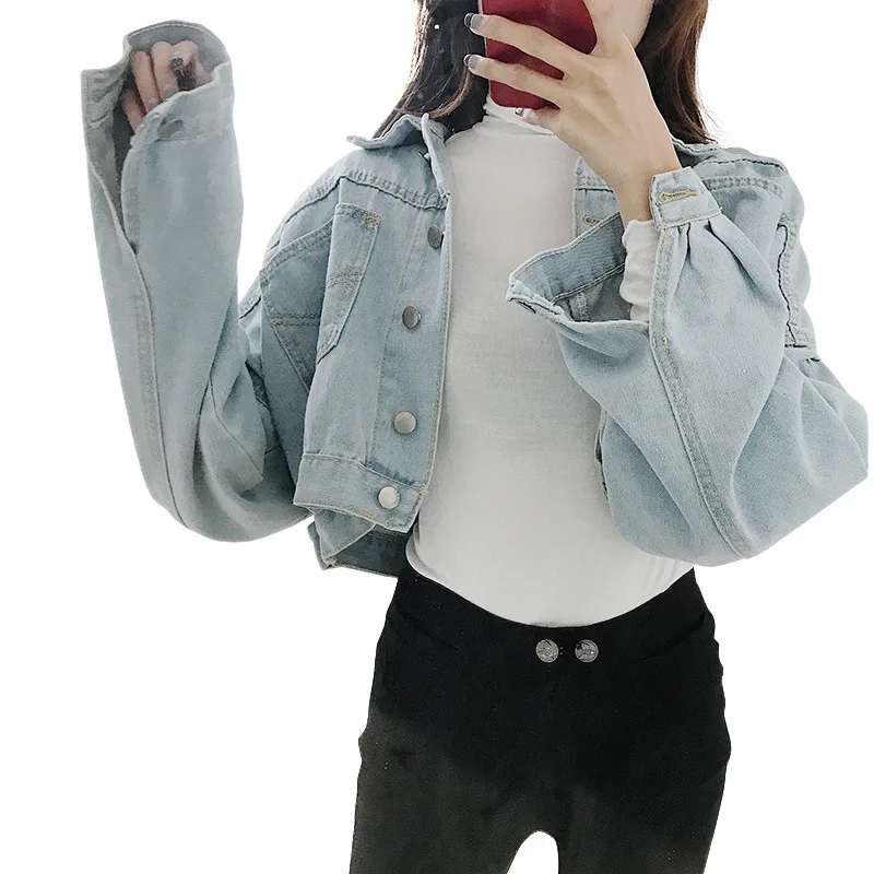 

New Drop Shoulder Long Sleeve Women Denim Jacket Fashion Denim Coats Women Causel Single Breasted Short Jackets