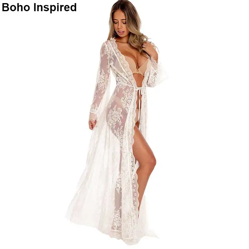 Богемный Вдохновленный Кружева Макси Туника Платье для пляжа сексуальное бикини