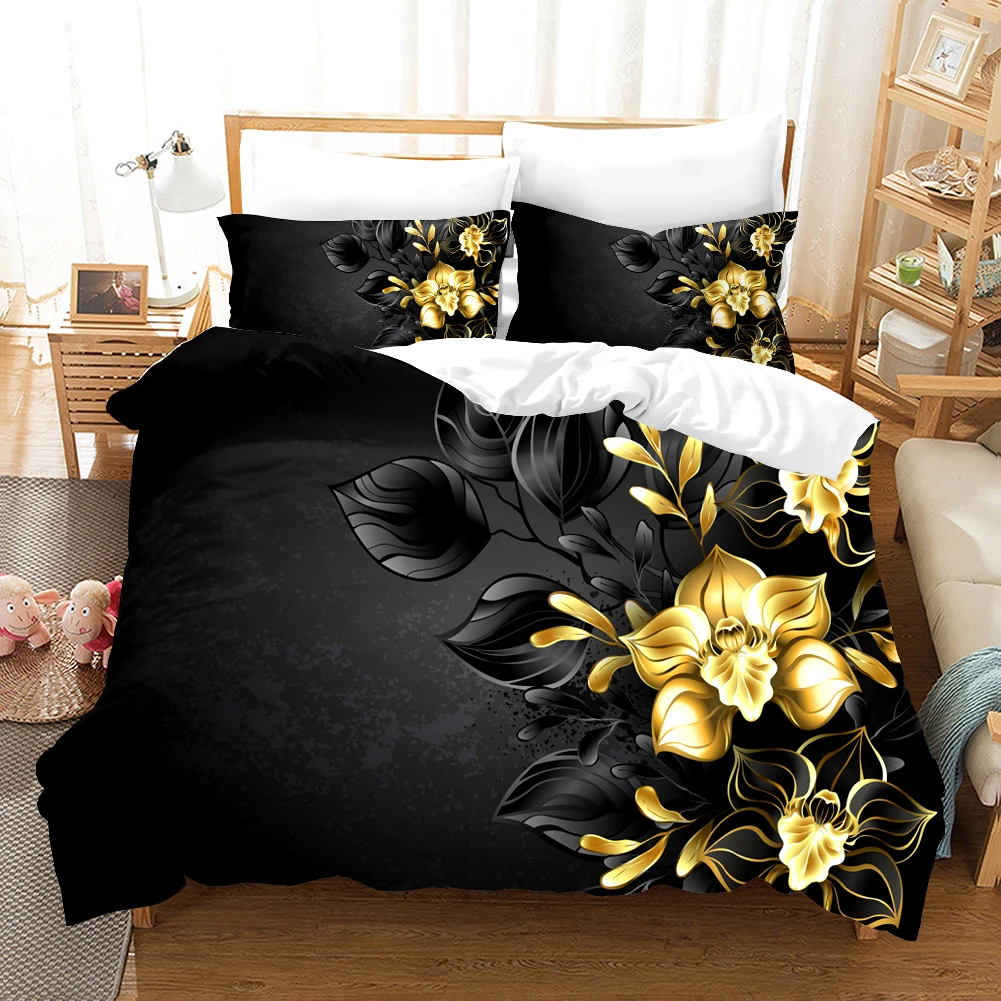 

Black Gold Flower Bedding Set Modern Fashion 3D Print Comforter Luxury Queen King Single Size Duvet Cover Set Home Textile Decor
