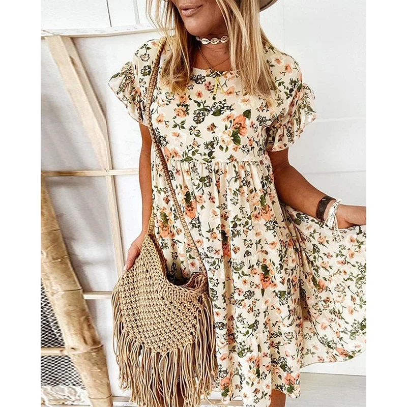 

Floral Print Summer Dress Women Bohemian Short Sleeve Woman Dress Female Mini A-Line Ruffles Dresses for Women 2021 robe femme