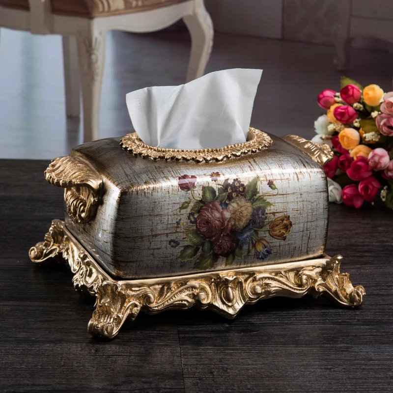 High grade European and American living room square tissue box luxury home decorations resin carving fashion drawer