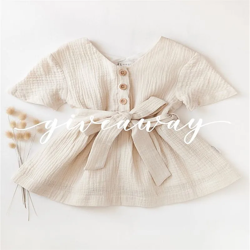 

0-4T Newborn Baby Girls Casual Short-sleeved Dress with Belt Fashion Solid Color Button V-neck Children Princess Dress