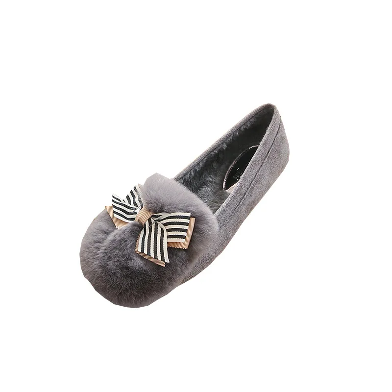 Повседневная теплая Женская обувь на плоской подошве с мехом и бантом; Плюшевые мокасины; сезон осень-зима; обувь с круглым носком из натуральной кожи и шерсти; женские мокасины; Новинка; большие размеры