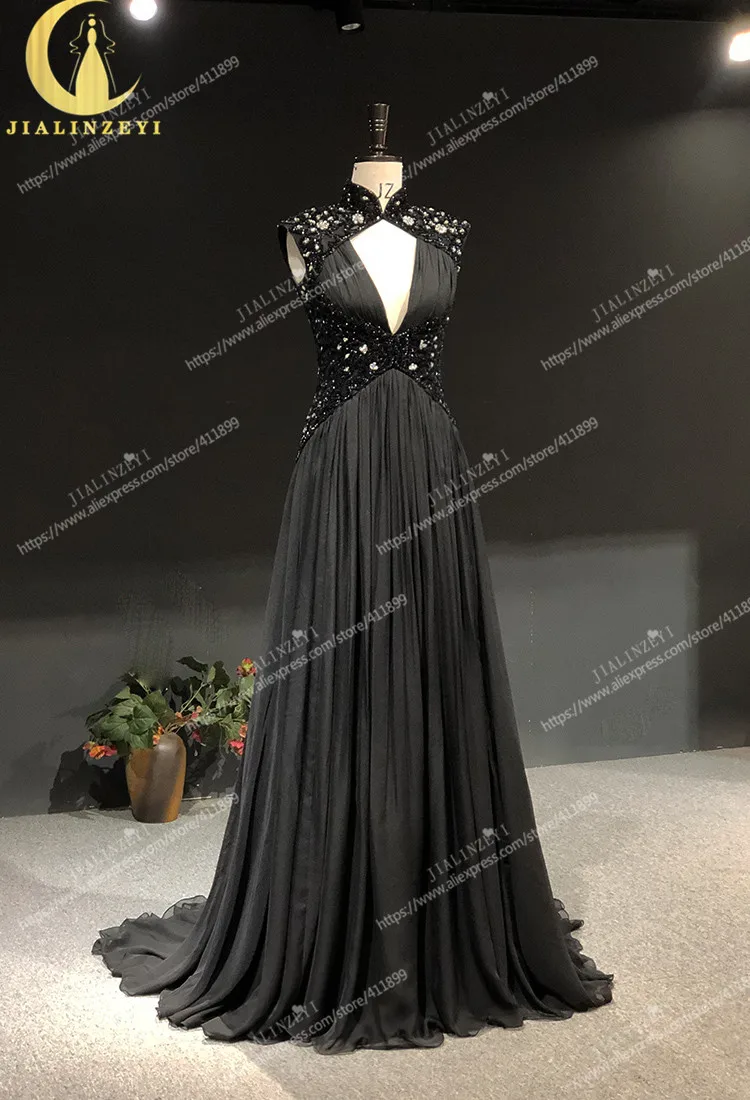 Rhine real Pictures Elie Saab Sexy High Neck Black Chiffon With Beads Arabic платье 2021 Evening Dresses Long