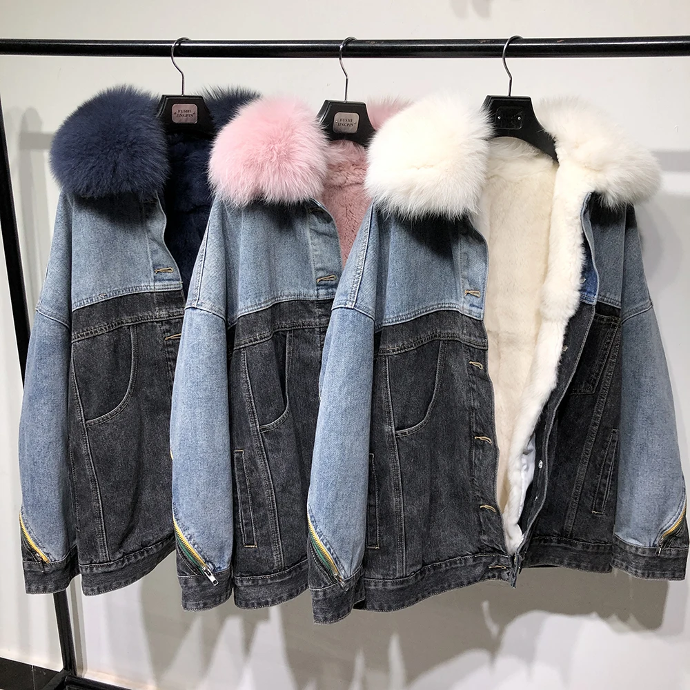 Yoloagne/зимняя теплая плотная женская джинсовая куртка в стиле пэчворк; женская куртка с воротником из лисьего меха; парка с подкладкой из кроличьего меха