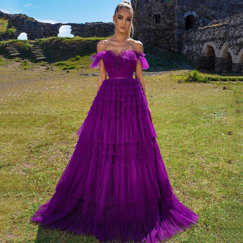 

Eightale 2022 Prom Dresses Purple Off Shoulder Tulle Evening Dress Sexy A-Line Floor Length Night Cocktail Party Gowns Plus Size