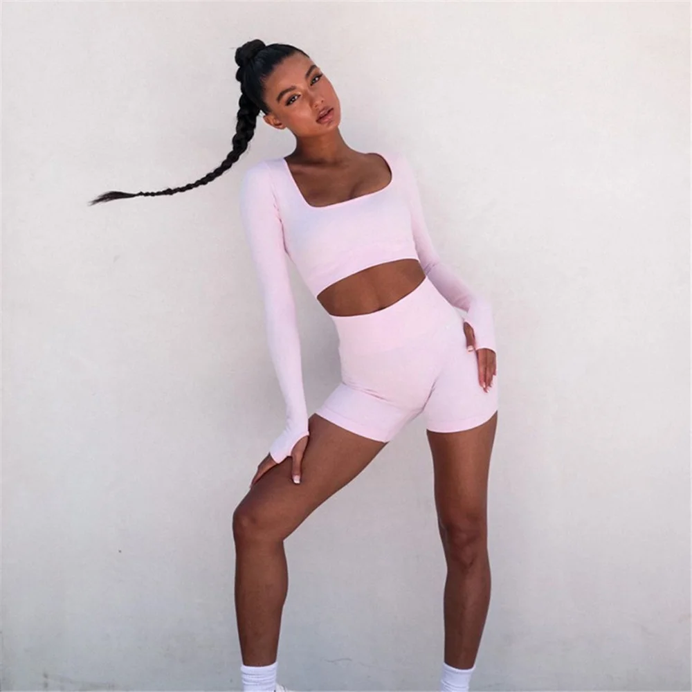 

BTAPARK Women's Suit 2 Pieces Long Sleeve Seamless High Waist Short Leggings Fitness Workout Sportswear Gym Push Up Yoga Set