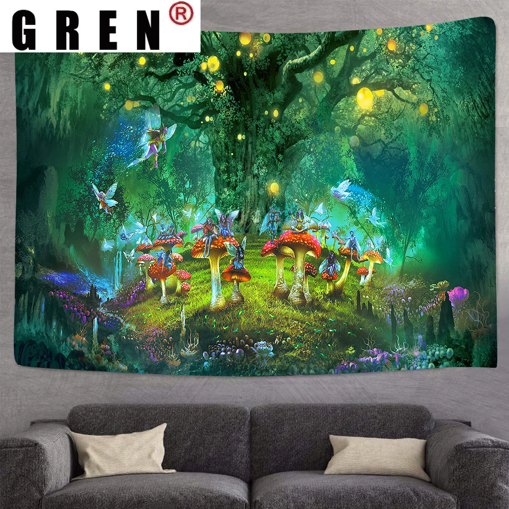 

GREN Fantasy Dreamlike Mushroom Forest Castle Tapestry Fairytale Trippy Colorful Butterfly Wall Hanging Tapestry Home Decor