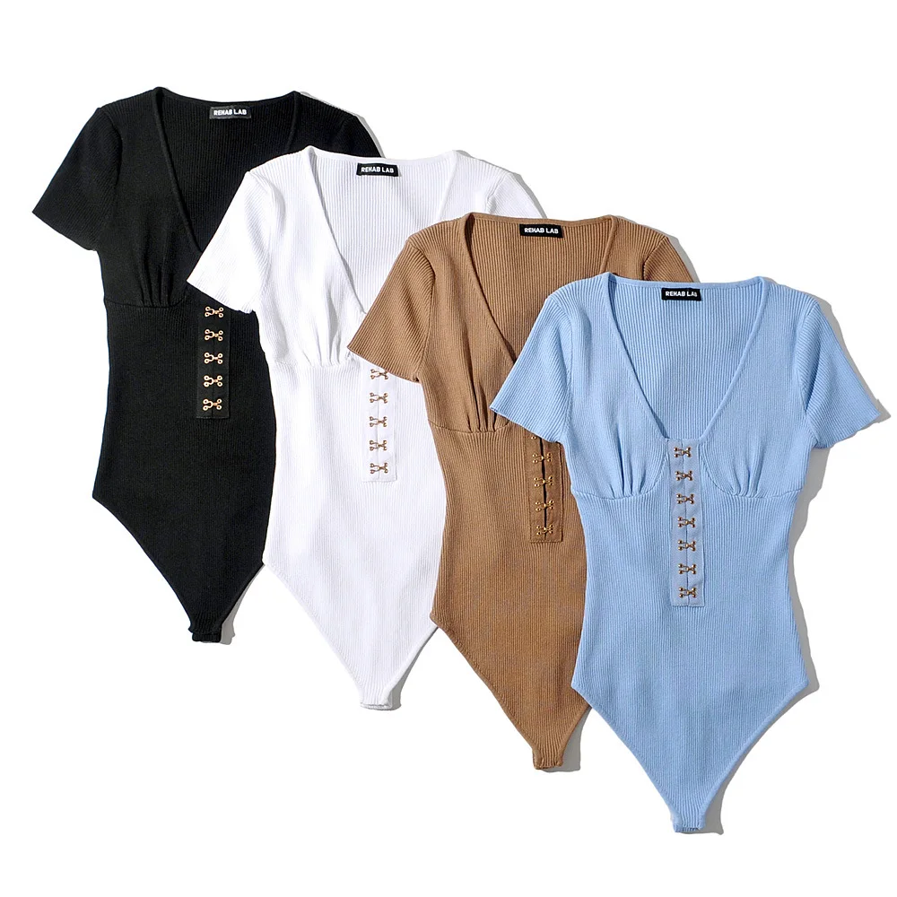 Цельный женский трикотажный однотонный боди с U образным вырезом и коротким