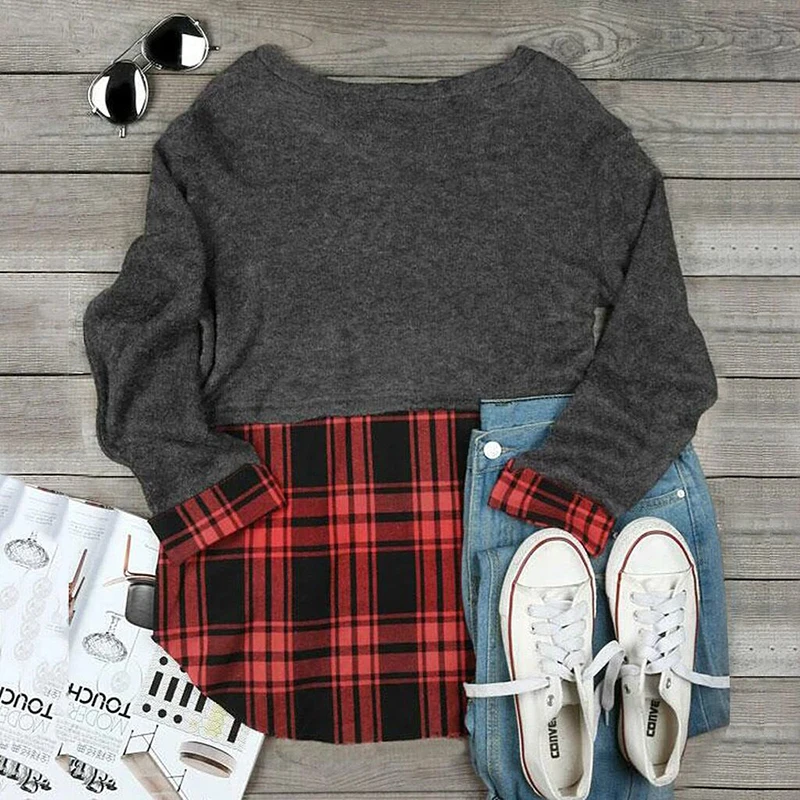 

Elegant 2020 Christmas Print Women's T Shirt Autumn Long Sleeve O Neck Top Pullover Female Fashion Plaid Patchwork Loose Tee 3XL
