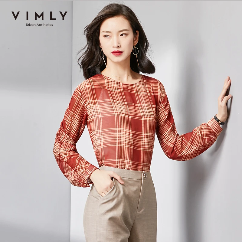 Женская клетчатая блузка Vimly винтажная Свободная с круглым вырезом и длинными