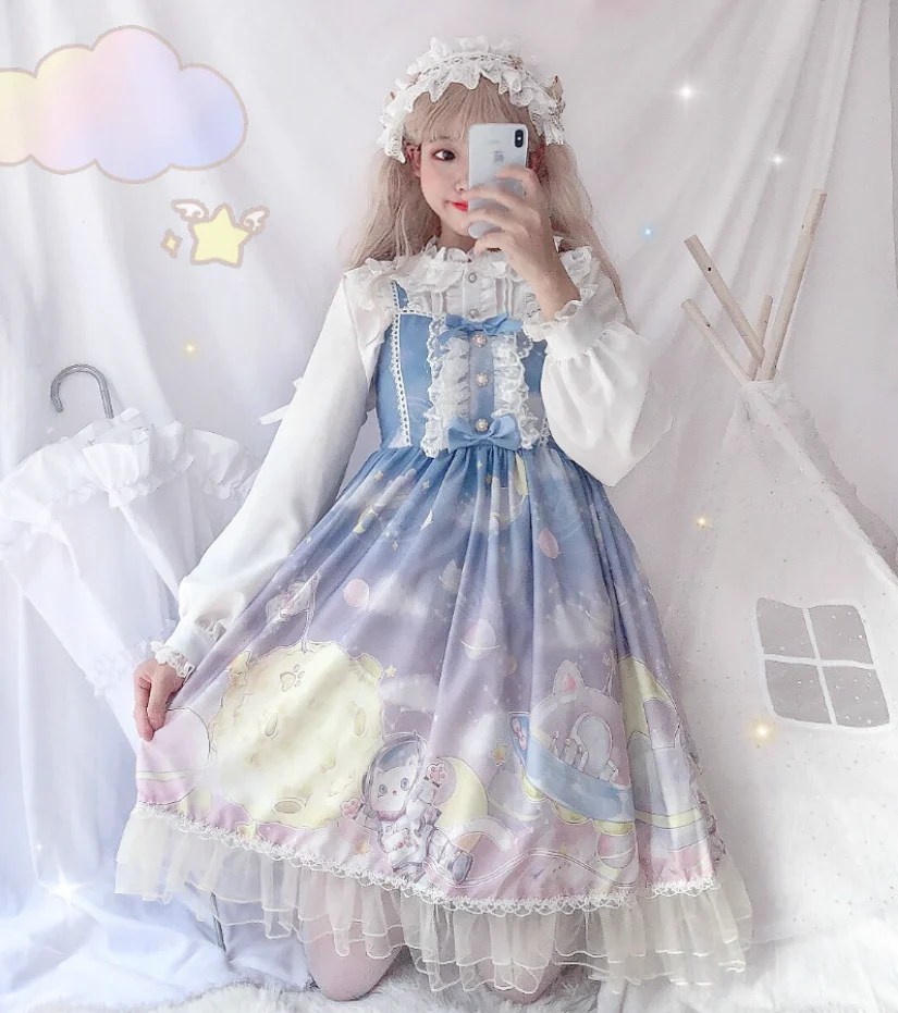 Лолита jsk принцесса лоли печати kawaii платье для девочек градиент Лолита езды Высокая талия бант кружева рюшами Готический Винтаж сладкий лоли