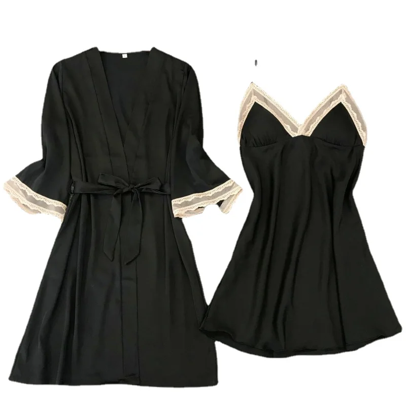 

Satin Robe Set Sexy Female Sleepwear Summer Kimono Bathrobe Lace Trim Bride Bridesmaid Dressing Gown Casual Nightgown