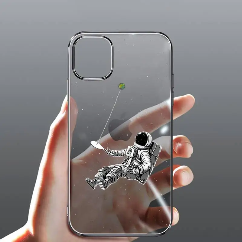 

Black White Moon Stars Space Astronaut Phone Case Transparent for iPhone Samsung 11 12 6 7 8 9 30 Pro X Max XR Plus lite